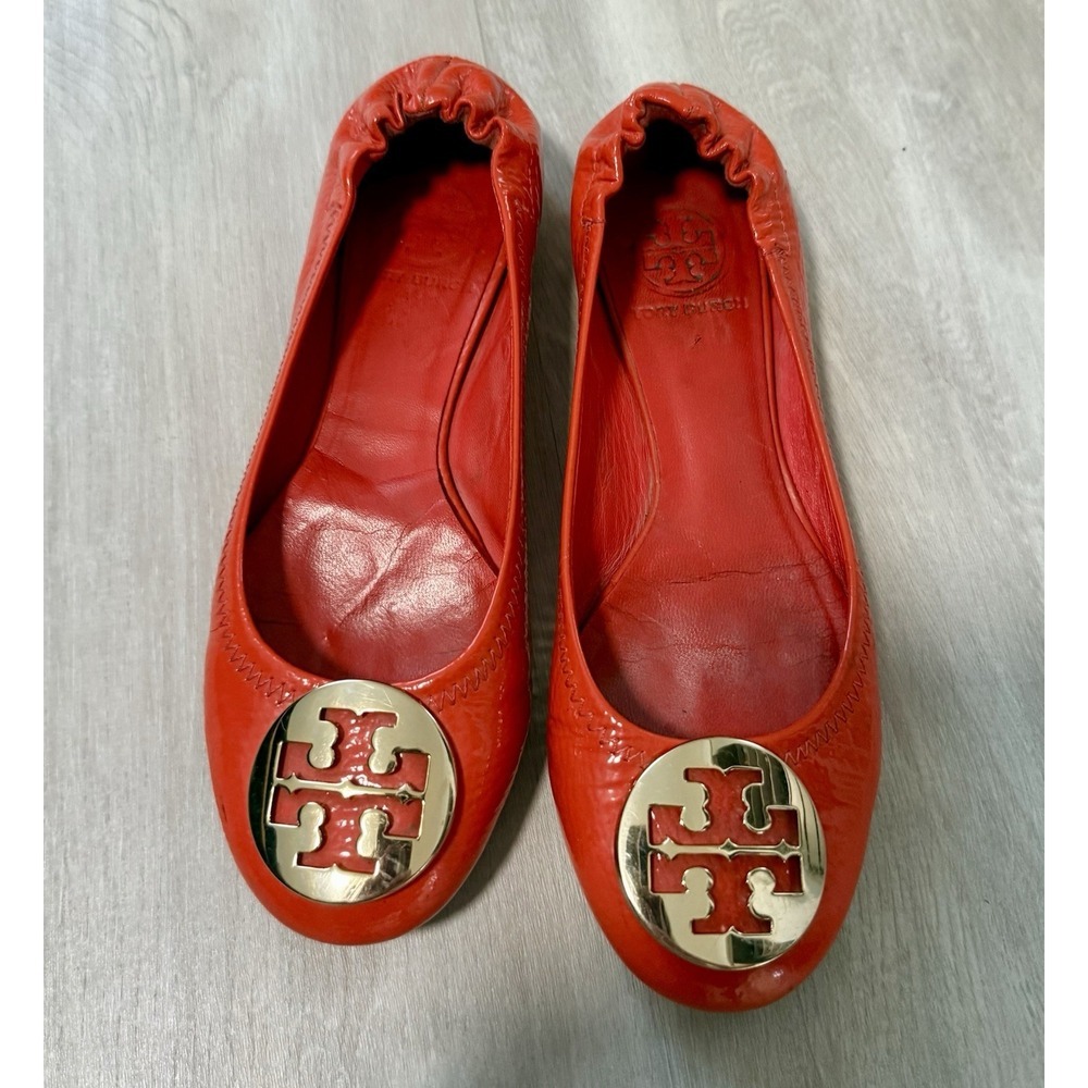 Tory Burch Orange Patent Leather Ballet Flats Gold Logo Women's Size 5-5.5